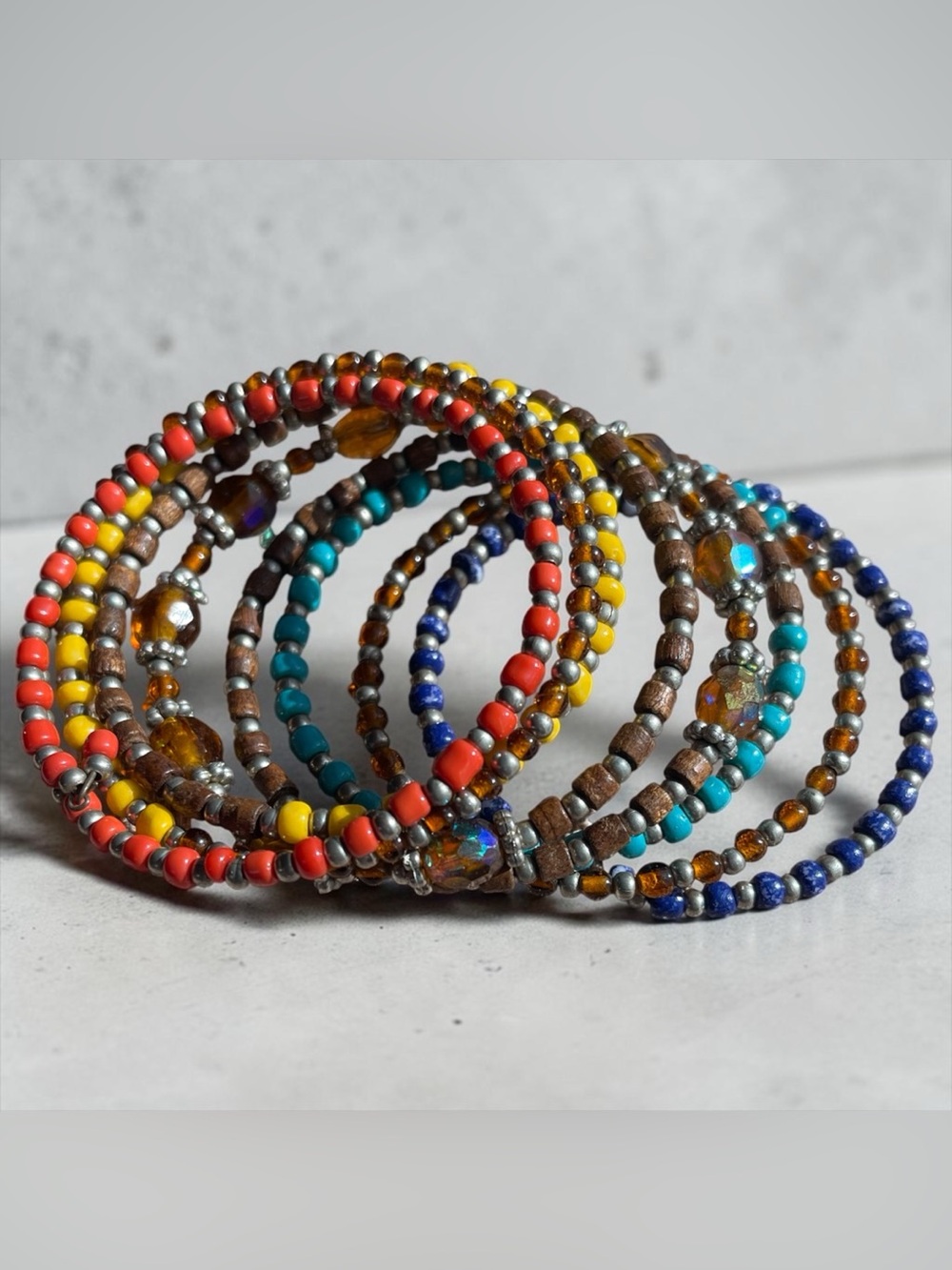 Multicolor Memory Wire Bracelet Layered Beaded Statement Cuff - Picture 4 of 7